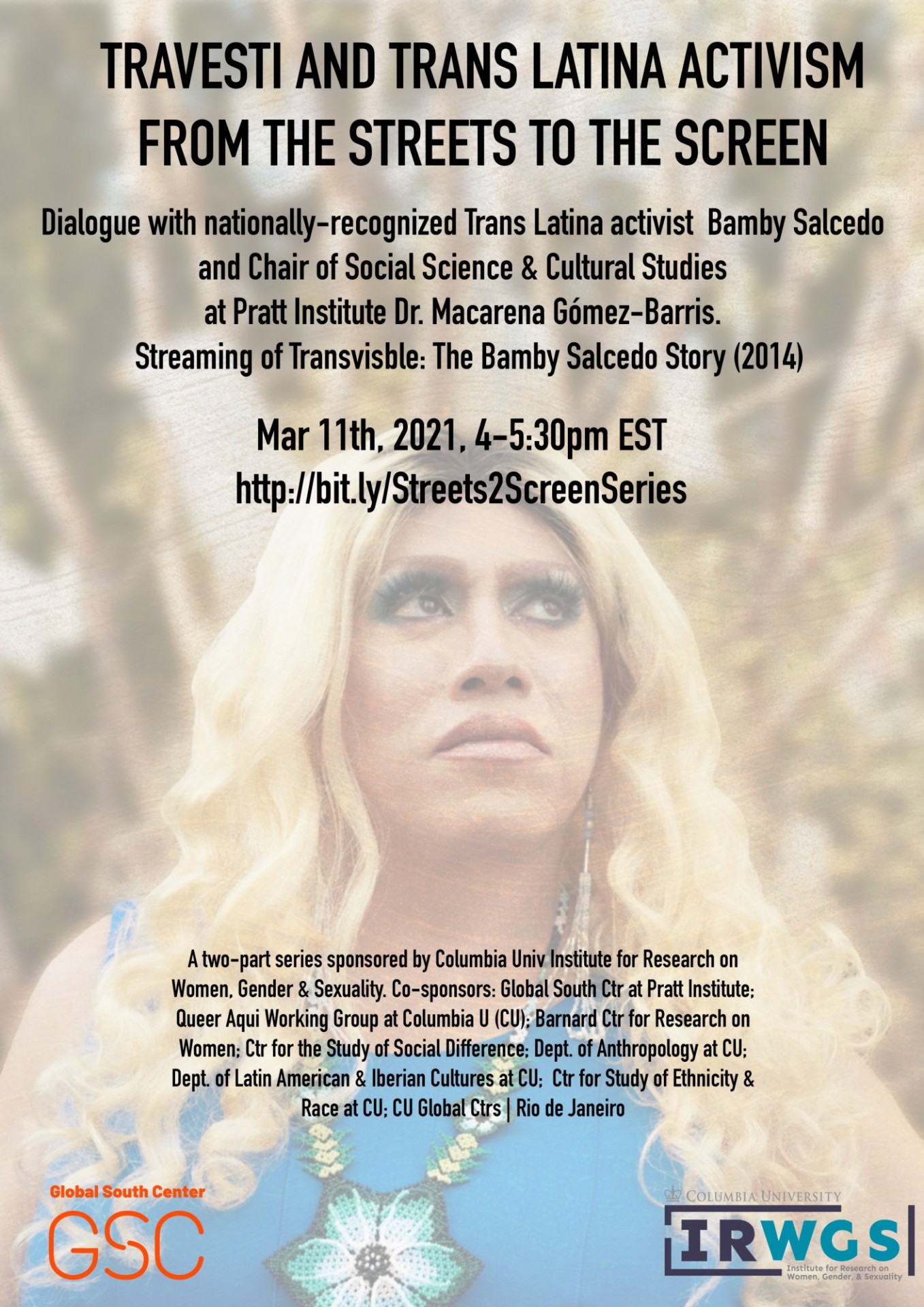 Flyer from March 11th Travesti and Trans Latina Activism - From the Streets to the Screen - Bamby Salcedo