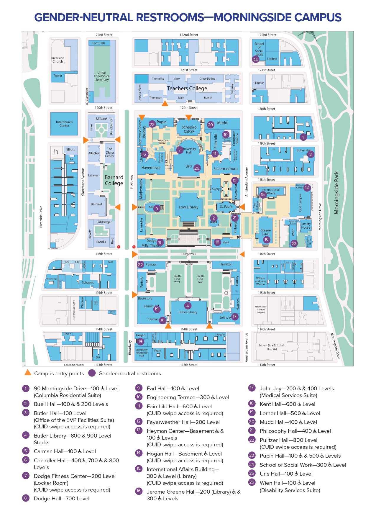 A map of gender neutral restrooms on Columbia's campus